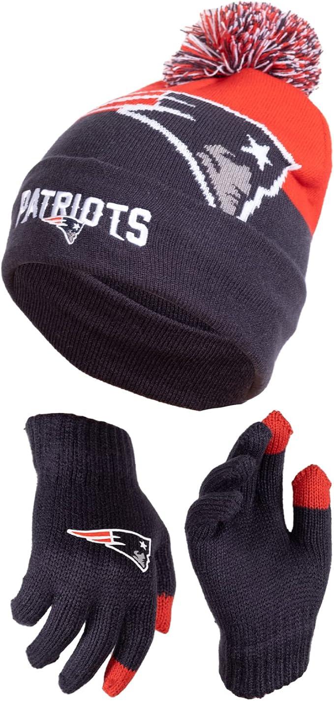 Ultra Game NFL Official Youth Super Soft Winter Beanie Knit Hat With Extra Warm Touch Screen Gloves, New England Patriots, Team Color 2, 1SIZE|New England Patriots