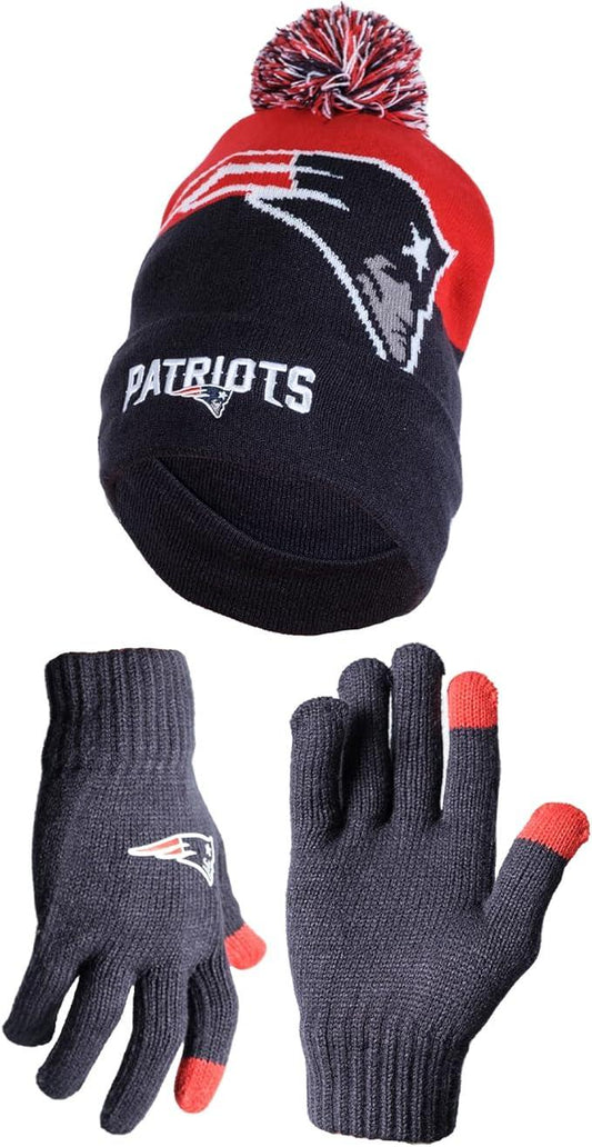 Ultra Game NFL Official Adults Unisex Super Soft Winter Beanie Knit Hat With Extra Warm Touch Screen Gloves, New England Patriots, Team Color, 1 SIZE|New England Patriots