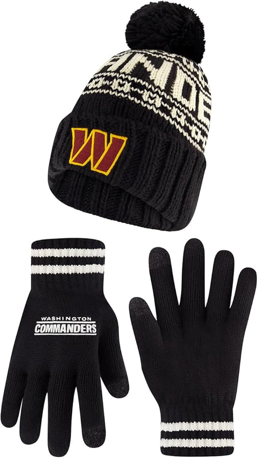 Ultra Game NFL Official Adults Super Soft Cable Knit Winter Beanie Knit Hat with Extra Warm Touch Screen Gloves, Washington Commanders, Black, One Size|Washington Commanders