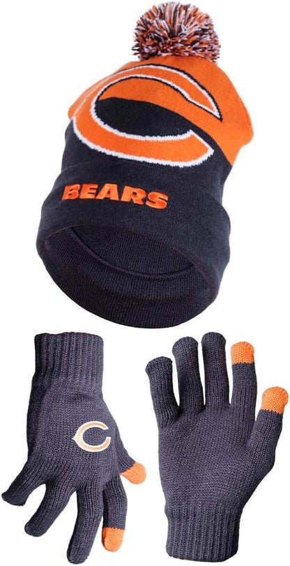 Ultra Game NFL Official Adults Unisex Super Soft Winter Beanie Knit Hat With Extra Warm Touch Screen Gloves, Chicago Bears, Team Color 2, 1SIZE|Chicago Bears