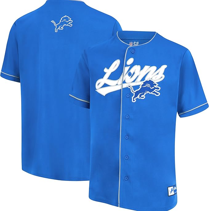 NFL Official Adults Game Day Button Down Baseball Mesh Jersey Shirt - Unisex|Detroit Lions