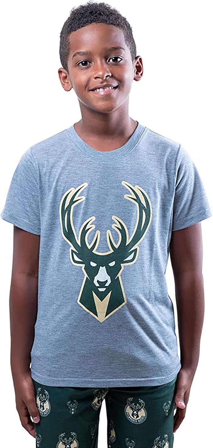 Ultra Game NBA Official Youth 2 Piece T-Shirt & Lounge Pants Pajama Set, Milwaukee Bucks, Boys Sizes|Milwaukee Bucks