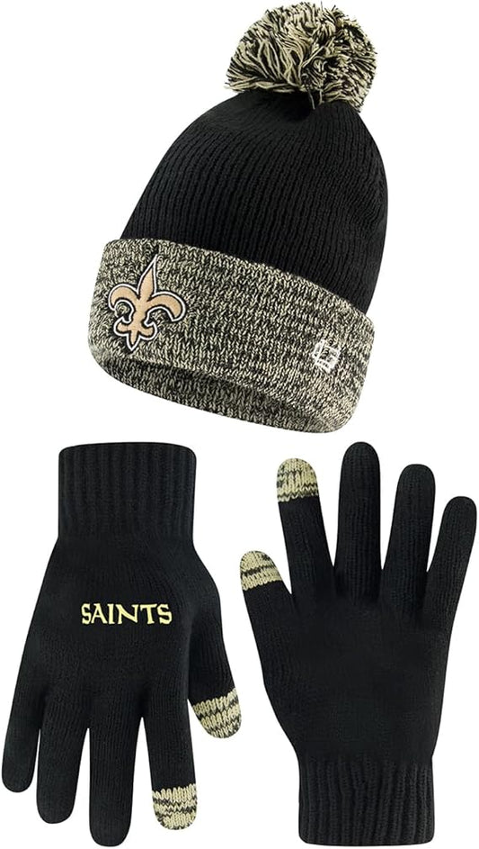 Ultra Game NFL Official Youth Super Soft Two Tone Winter Beanie Knit Hat with Extra Warm Touch Screen Gloves, New Orleans Saints, Team Color, One Size|New Orleans Saints