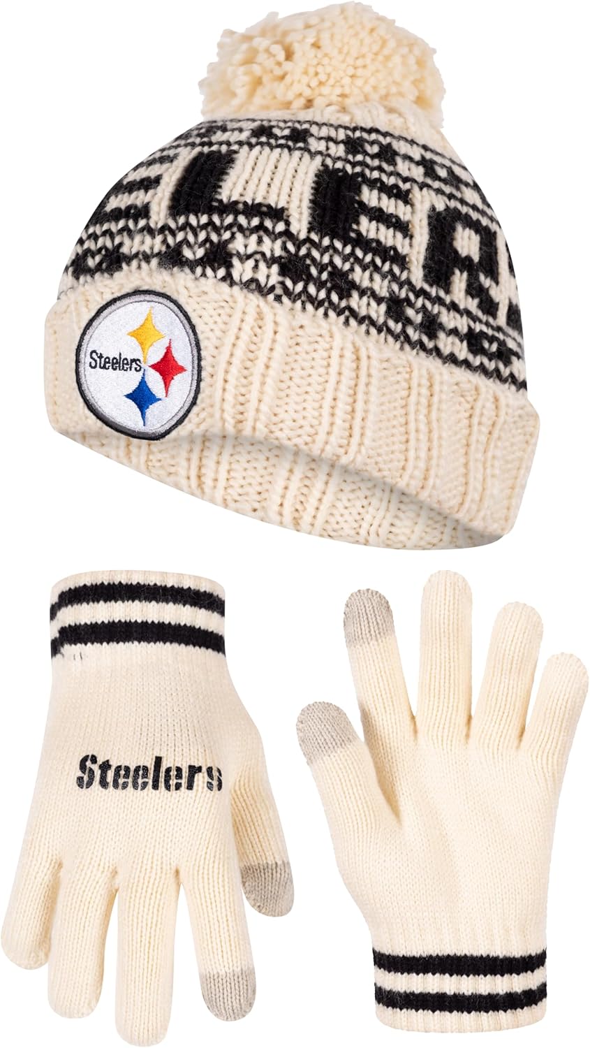 Ultra Game NFL Official Adults Super Soft Cable Knit Winter Beanie Knit Hat with Extra Warm Touch Screen Gloves, Pittsburgh Steelers, One Size|Pittsburgh Steelers