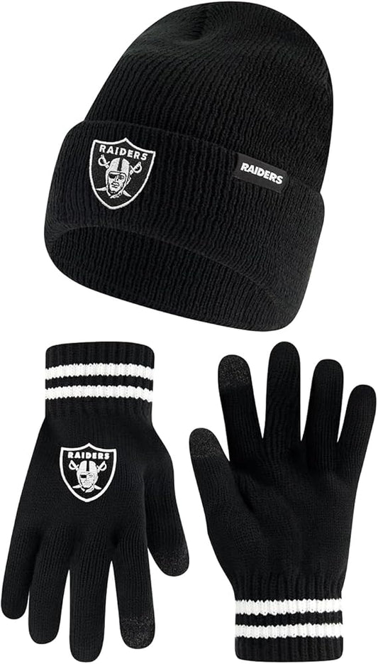 NFL Official Adults Super Soft Marled Winter Beanie Knit Hat with Extra Warm Touch Screen Gloves|Las Vegas Raiders