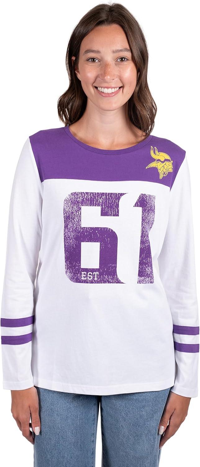 Ultra Game NFL Official Women's Super Soft Raglan Vintage Baseball T-Shirt, Minnesota Vikings, White|Minnesota Vikings