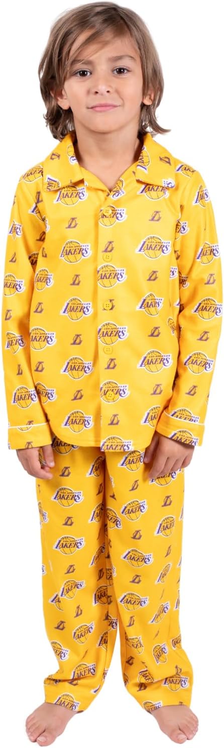 Ultra Game NBA Official Youth 2-Piece Super Soft Button Down Pajamas Set, Los Angeles Lakers, Boys Sizes|Los Angeles Lakers