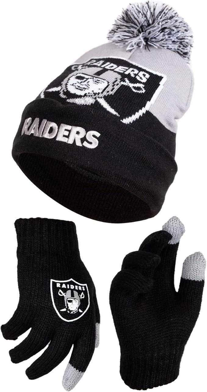 NFL Official Youth Super Soft Winter Beanie Knit Hat With Extra Warm Touch Screen Gloves| Las Vegas Raiders