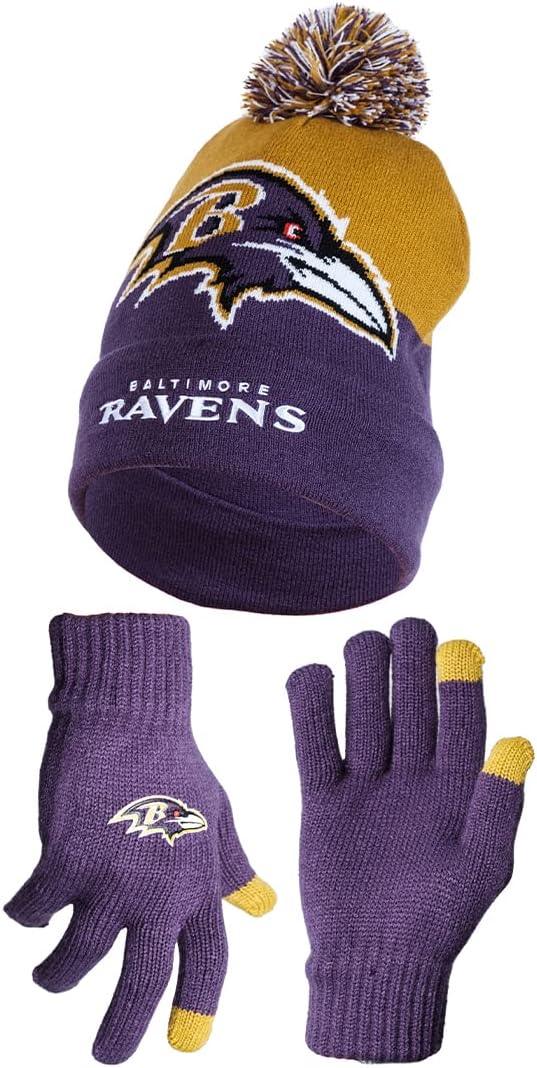 Ultra Game NFL Official Adults Unisex Super Soft Winter Beanie Knit Hat With Extra Warm Touch Screen Gloves, Baltimore Ravens, Team Color, 1 SIZE|Baltimore Ravens