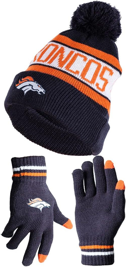 Ultra Game NFL Official Adults Unisex Super Soft Winter Beanie Knit Hat With Extra Warm Touch Screen Gloves, Denver Broncos, Team Color, 1SIZE|Denver Broncos