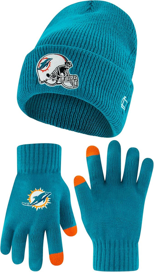 NFL Official Adults Super Soft Heritage Logo Winter Beanie Knit Hat with Extra Warm Touch Screen Gloves|Miami Dolphins