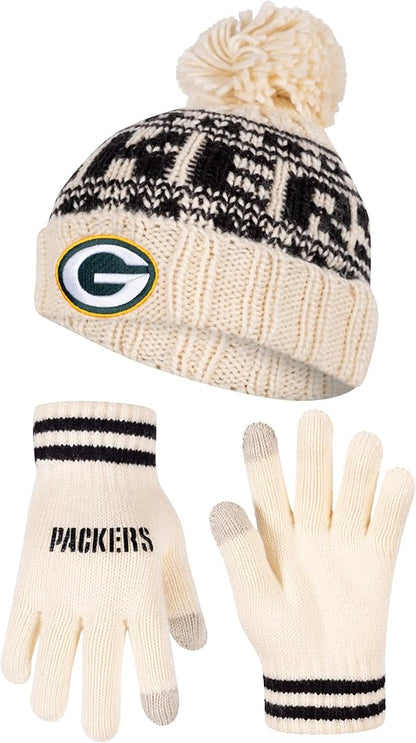 Ultra Game NFL Official Adults Super Soft Cable Knit Winter Beanie Knit Hat with Extra Warm Touch Screen Gloves, Green Bay Packer, One Size|Green Bay Packers