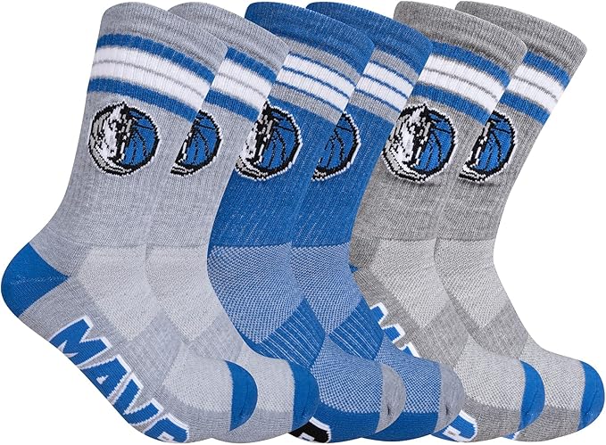 Ultra Game NBA Official Men’s Athletic Cushioned Secure Fit Team Crew Socks - 3 Pack - Unisex, Dallas Mavericks, Assorted, M6-12|Dallas Mavericks