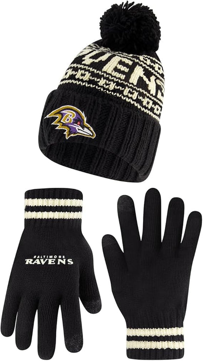 Ultra Game NFL Official Adults Super Soft Cable Knit Winter Beanie Knit Hat with Extra Warm Touch Screen Gloves, Baltimore Ravens, One Size|Baltimore Ravens