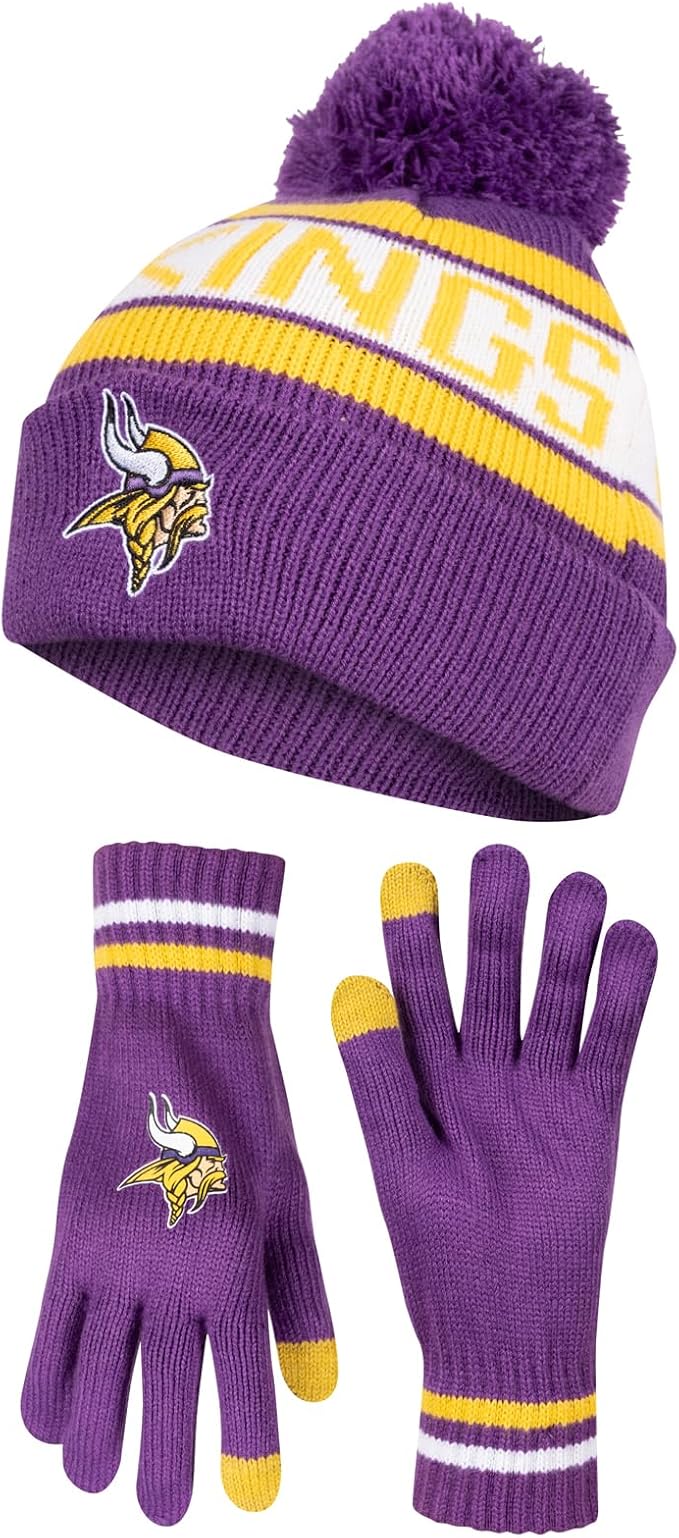 Ultra Game NFL Official Adults Unisex Super Soft Winter Beanie Knit Hat With Extra Warm Touch Screen Gloves, Minnesota Vikings, Team Color, 1SIZE|Minnesota Vikings