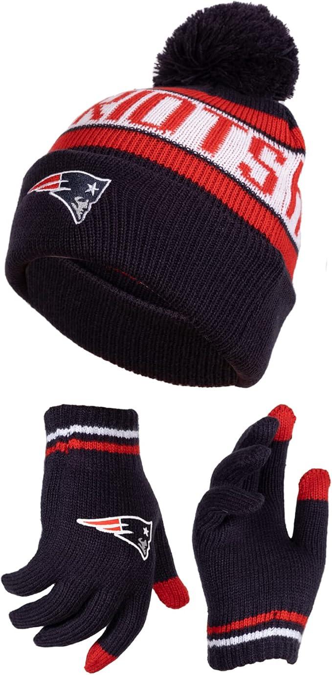 Ultra Game NFL Official Youth Super Soft Winter Beanie Knit Hat With Extra Warm Touch Screen Gloves, New England Patriots, Team Color 1, 1 SIZE|New England Patriots