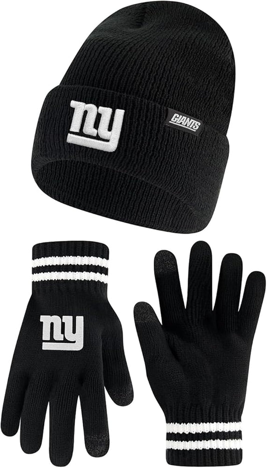 Ultra Game NFL Official Adults Super Soft Marled Winter Beanie Knit Hat with Extra Warm Touch Screen Gloves, New York Giants, Black, One Size|New York Giants