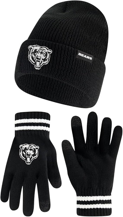 Ultra Game NFL Official Adults Super Soft Marled Winter Beanie Knit Hat with Extra Warm Touch Screen Gloves, Chicago Bears, Black, One Size|Chicago Bears