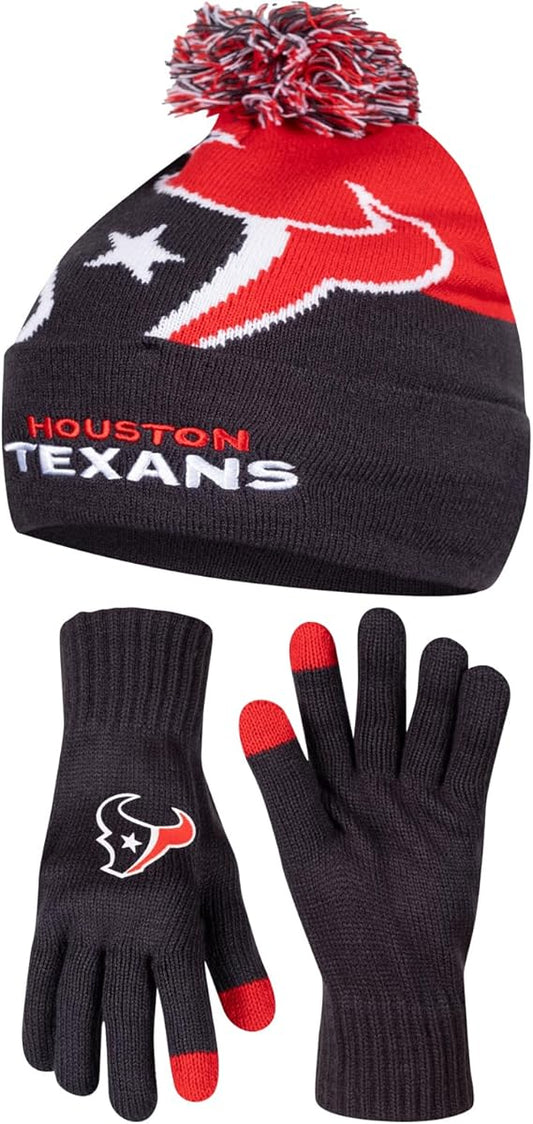 NFL Official Adults Unisex Super Soft Winter Beanie Knit Hat With Extra Warm Touch Screen Gloves|Houston Texans