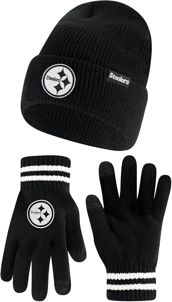 Ultra Game NFL Official Adults Super Soft Marled Winter Beanie Knit Hat with Extra Warm Touch Screen Gloves, Pittsburgh Steelers, Black, One Size|Pittsburgh Steelers