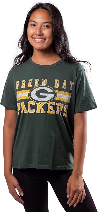 Ultra Game NFL Official Women's Distressed Graphics Super Soft Crew Neck T-Shirt, Green Bay Packers, Team Color|Green Bay Packers