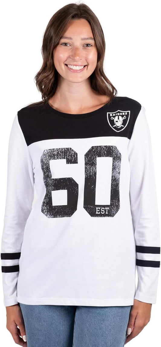 Ultra Game NFL Official Women's Super Soft Raglan Vintage Baseball T-Shirt, Las Vegas Raiders, White|Las Vegas Raiders