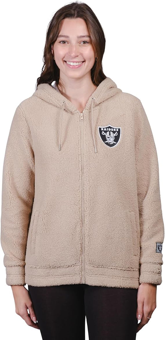 Ultra Game NFL Official Women's Super Soft Sherpa Full Zip Hoodie Sweatshirt Jacket, Las Vegas Raiders, Sand|Las Vegas Raiders