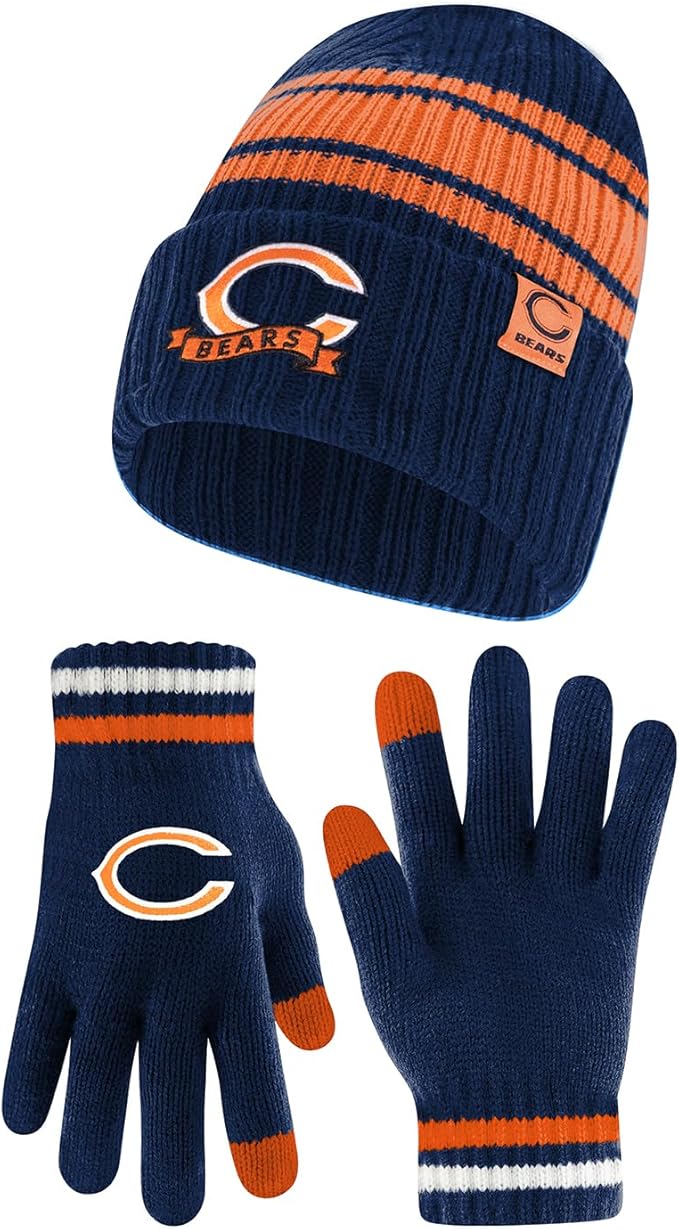 Ultra Game NFL Chicago Bears Womens Super Soft Team Stripe Winter Beanie Knit Hat with Extra Warm Touch Screen Gloves|Chicago Bears