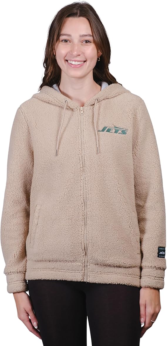 Ultra Game NFL Official Women's Super Soft Sherpa Full Zip Hoodie Sweatshirt Jacket, New York Jets, Sand|New York Jets