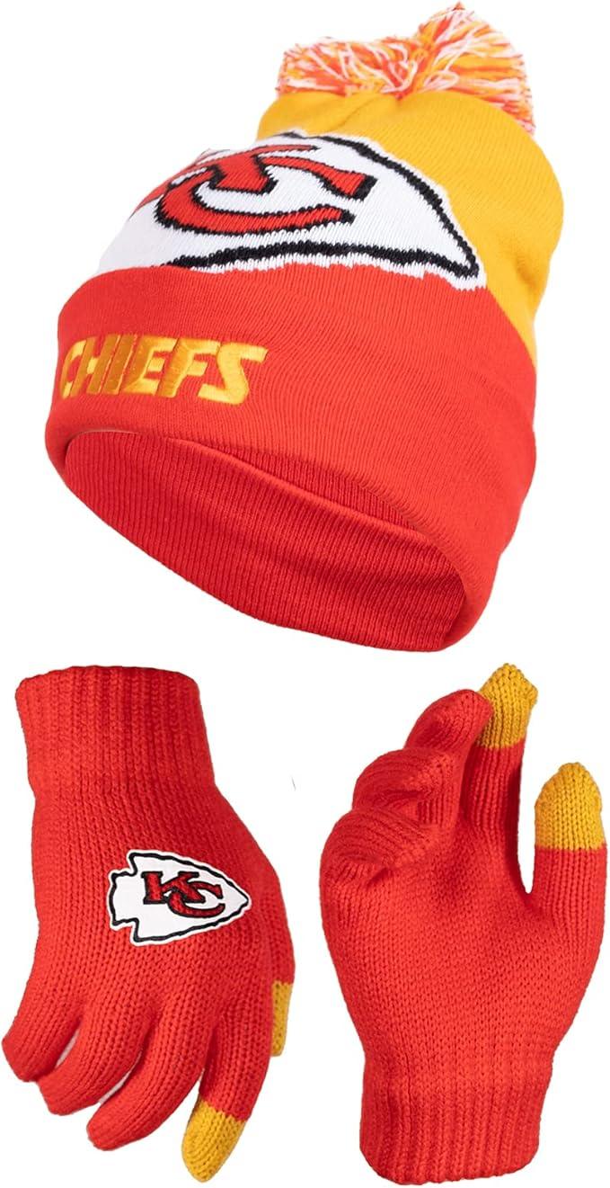 NFL Official Youth Super Soft Winter Beanie Knit Hat With Extra Warm Touch Screen Gloves|Kansas City Chiefs