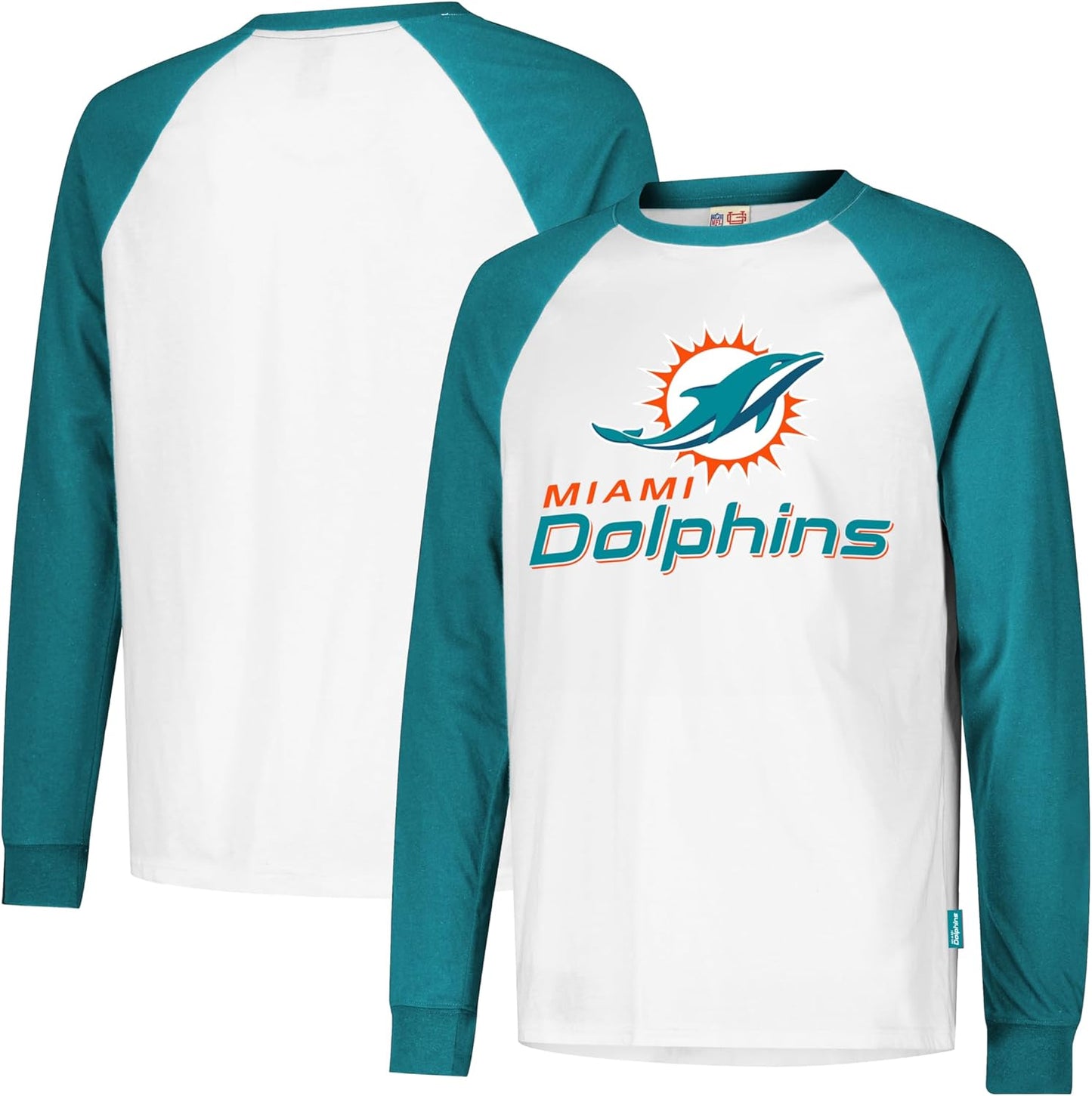 Ultra Game NFL Official Adults Super Soft Raglan Baseball Long Sleeve T-Shirt, Miami Dolphins, White|Miami Dolphins