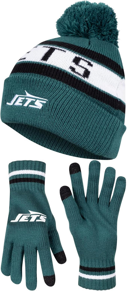 Ultra Game NFL Official Adults Unisex Super Soft Winter Beanie Knit Hat With Extra Warm Touch Screen Gloves, New York Jets, Team Color, 1SIZE|New York Jets