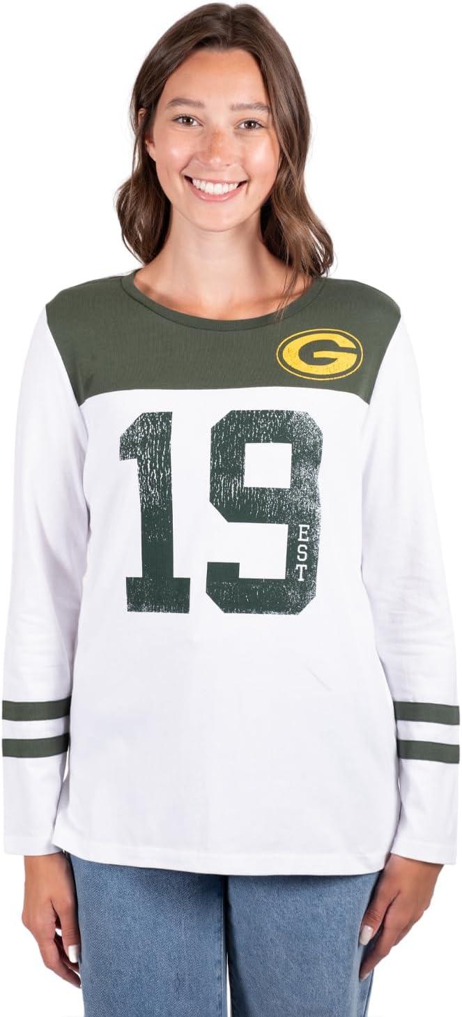 Ultra Game NFL Official Women's Super Soft Raglan Vintage Baseball T-Shirt, Green Bay Packers, White|Green Bay Packers