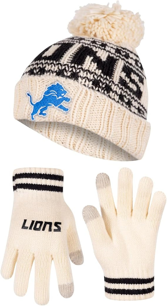 Ultra Game Youth NFL Official Super Soft Cable Knit Winter Beanie Knit Hat with Extra Warm Touch Screen Gloves|Detroit Lions