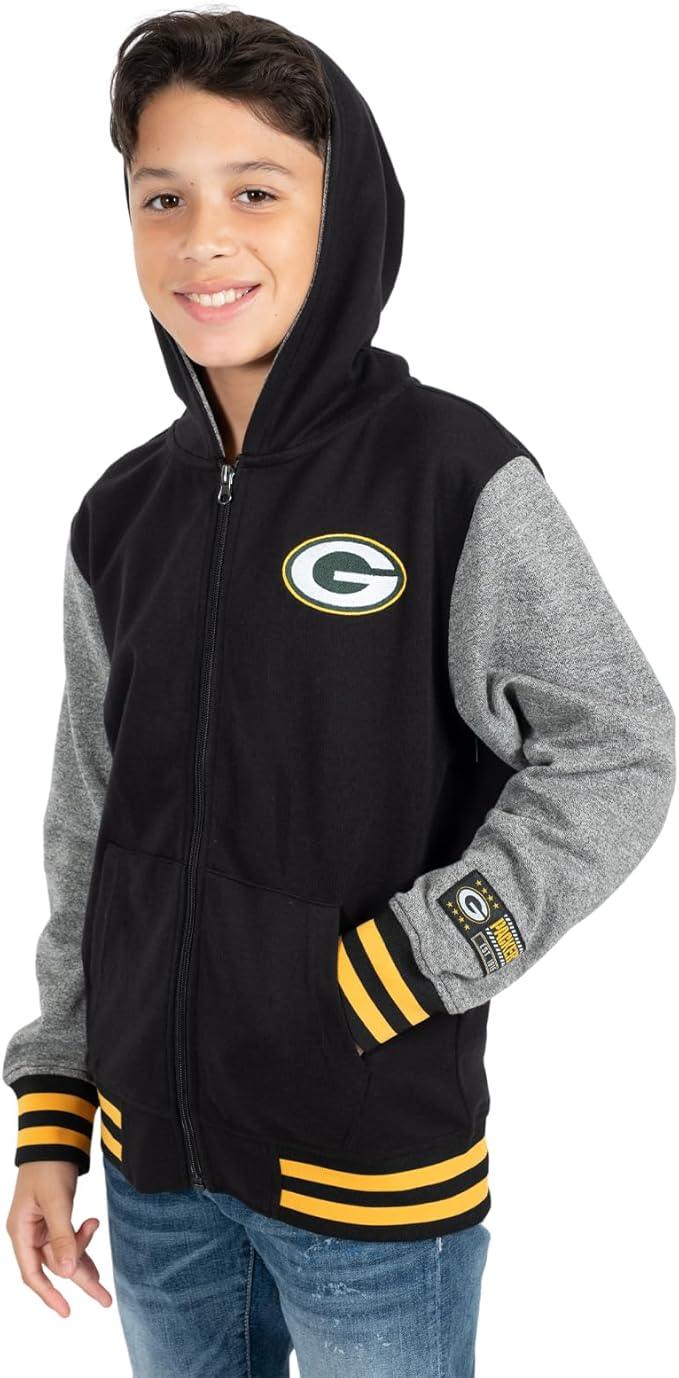 Ultra Game NFL official Youth Super Soft Full Zip Varsity Hoodie Sweatshirt, Green Bay Packers, Team Color|Green Bay Packers