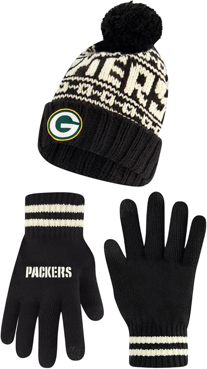 Ultra Game NFL Official Youth Super Soft Cable Knit Winter Beanie Knit Hat with Extra Warm Touch Screen Gloves, Green Bay Packers, Black, One Size|Green Bay Packers