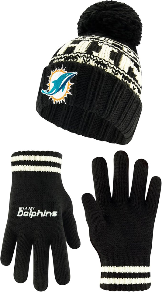 NFL Official Youth Super Soft Cable Knit Winter Beanie Knit Hat with Extra Warm Touch Screen Gloves|Miami Dolphins