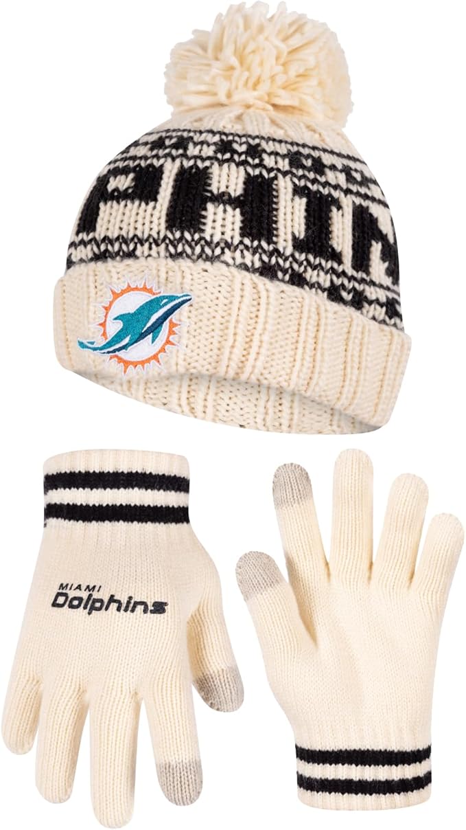 NFL Official Super Soft Cable Knit Winter Beanie Knit Hat with Extra Warm Touch Screen Gloves|Miami Dolphins