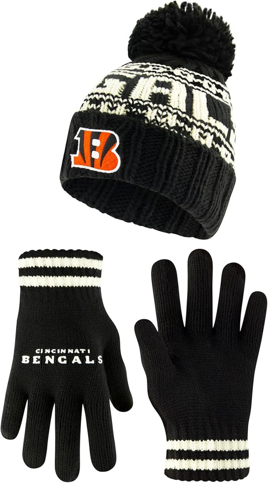 NFL Official Youth Super Soft Cable Knit Winter Beanie Knit Hat with Extra Warm Touch Screen Gloves|Cincinnati Bengals