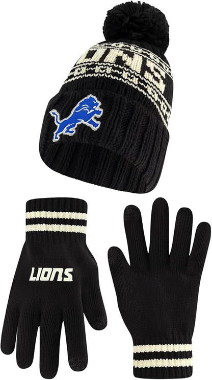 Ultra Game NFL Official Adults Super Soft Cable Knit Winter Beanie Knit Hat with Extra Warm Touch Screen Gloves, Detroit Lions, One Size|Detroit Lions