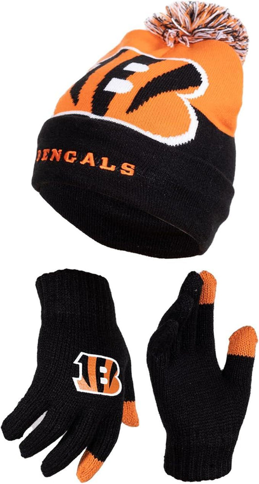 NFL Official Youth Super Soft Winter Beanie Knit Hat With Extra Warm Touch Screen Gloves|Cincinnati Bengals