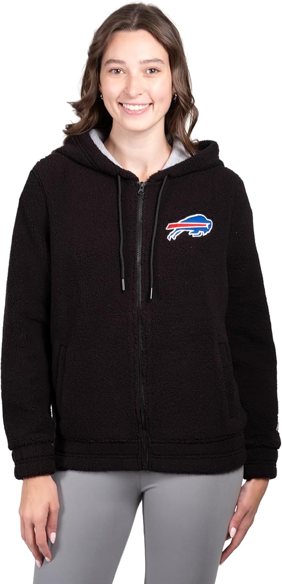 NFL Official Women's Full Zip Super Soft Sherpa Hoodie Sweatshirt Jacket - Warm Fleece Blend|Buffalo Bills