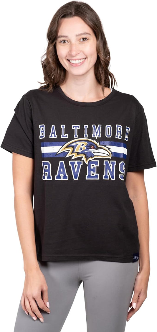 Ultra Game NFL Official Women's Distressed Graphics Super Soft Crew Neck T-Shirt, Baltimore Ravens, Team Color|Baltimore Ravens