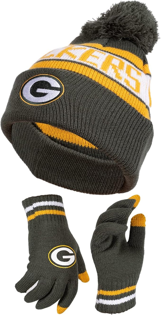 NFL Official Youth Super Soft Winter Beanie Knit Hat With Extra Warm Touch Screen Gloves|Green Bay Packers