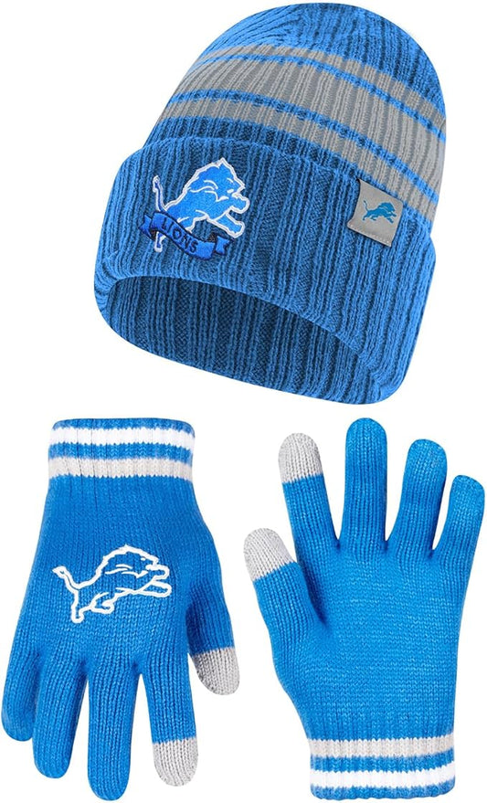 NFL Detroit Lions Official Adults Super Soft Winter Beanie Knit Hat with Extra Warm Touch Screen Gloves|Detroit Lions