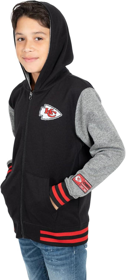 Ultra Game NFL official Youth Super Soft Full Zip Varsity Hoodie Sweatshirt, Kansas City Chiefs, Team Color|Kansas City Chiefs