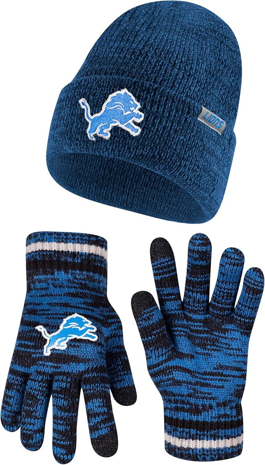 Ultra Game Adults Unisex NFL Official Super Soft Marl Knit Winter Beanie Knit Hat with Extra Warm Touch Screen Gloves|Detroit Lions