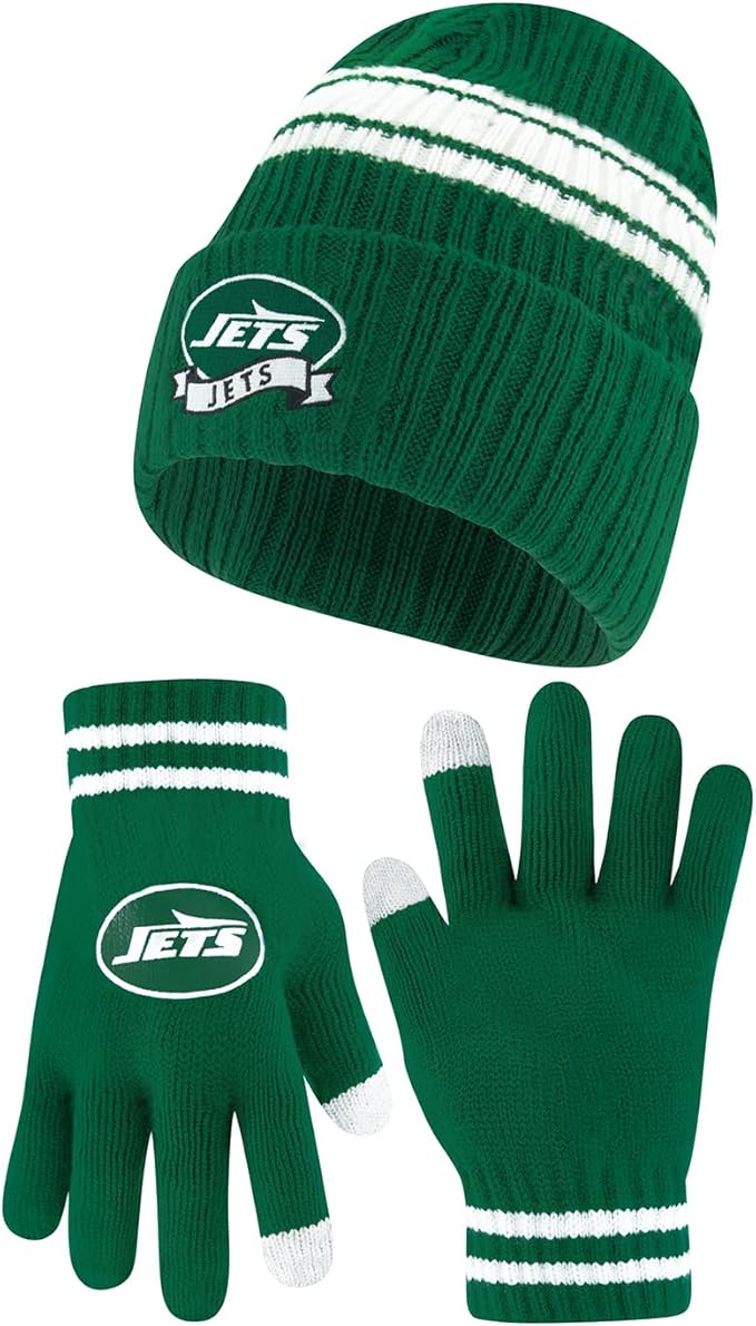 Ultra Game Youth NFL Official Super Soft Team Stripe Winter Beanie Knit Hat with Extra Warm Touch Screen Gloves|New York Jets