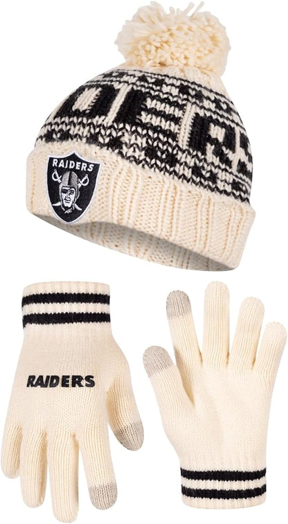 Ultra Game Youth NFL Official Super Soft Cable Knit Winter Beanie Knit Hat with Extra Warm Touch Screen Gloves|Las Vegas Raiders