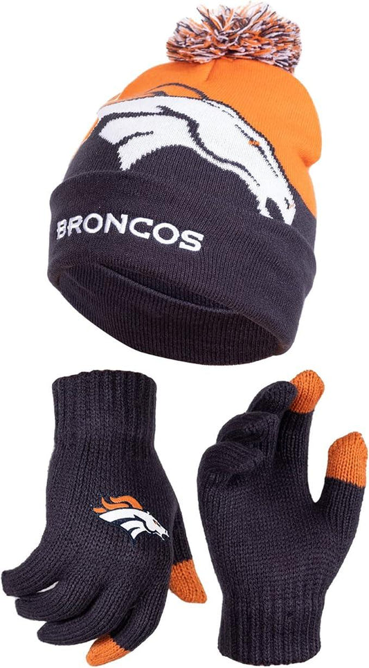 Ultra Game NFL Official Youth Super Soft Winter Beanie Knit Hat With Extra Warm Touch Screen Gloves, Denver Broncos, Team Color 2, 1SIZE|Denver Broncos